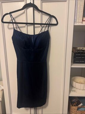 Sherri Hill Navy Satin Spaghetti-Strap Mini Dress